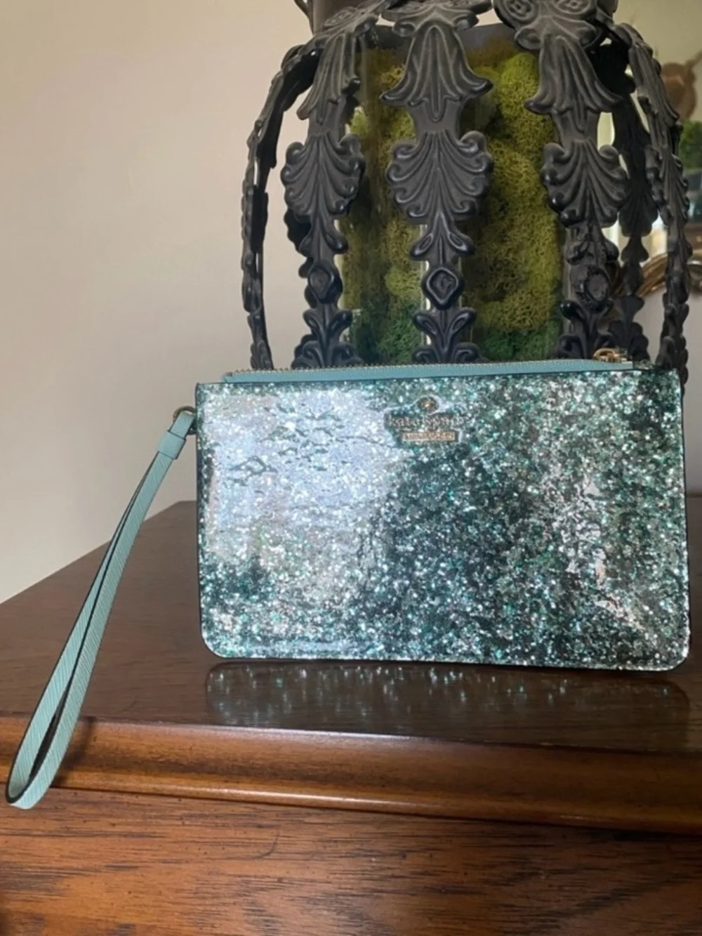 kate spade teal glitter wristlet clutch